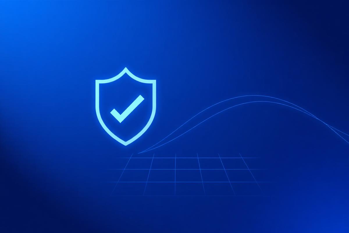 Abstract blue illustration of a glowing shield with a check mark