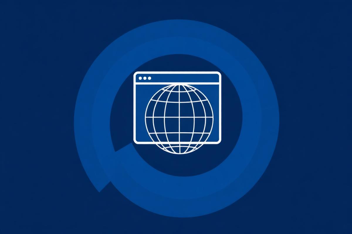 Abstract navy illustration of a browser window containing a globe