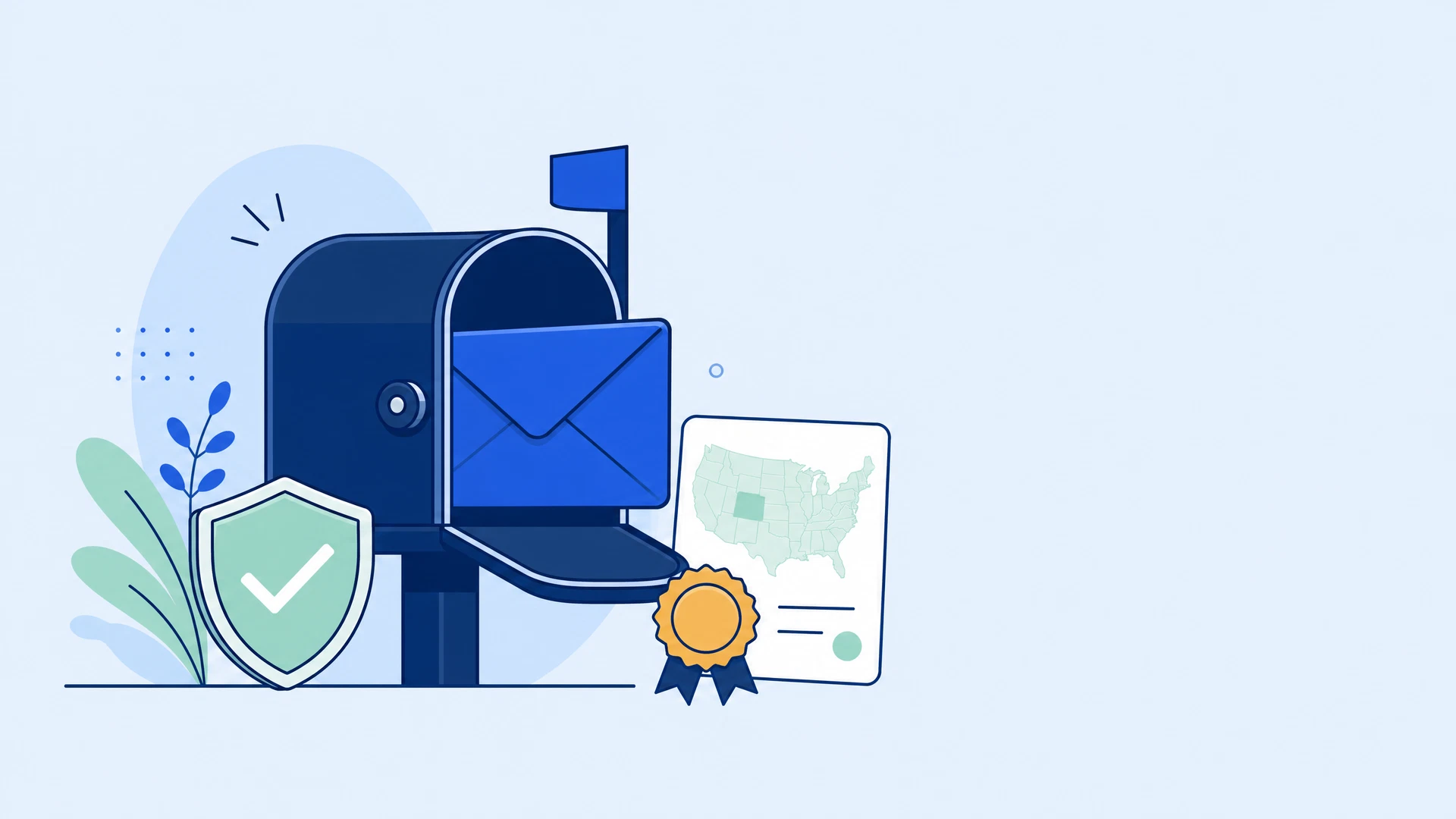 Abstract blue illustration of a glowing shield with a check mark
